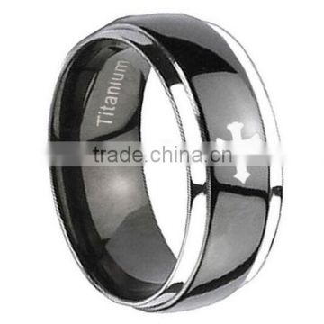 Titanium Chirstian Cross Dome Black Ip Silver Edged Engraved Ring, Christian Cross Ring For Men And Women