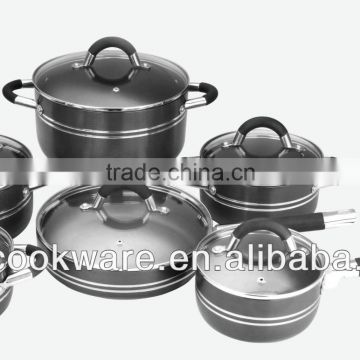 2015 New Products 12PCS German Technique 2.5mm Hard Anodized Aluminium Cookware Set Hollow Handle With Silicon For Wholesale
