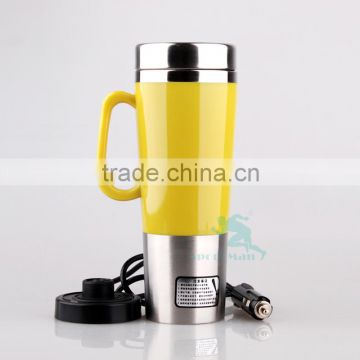 China popular stainless steel car heated mug with handle hot water boiled different color mug ceramic coffee cup