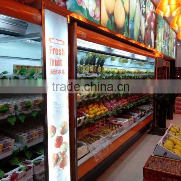 Supermarket upright display cabinet for fruits with condensing units outside
