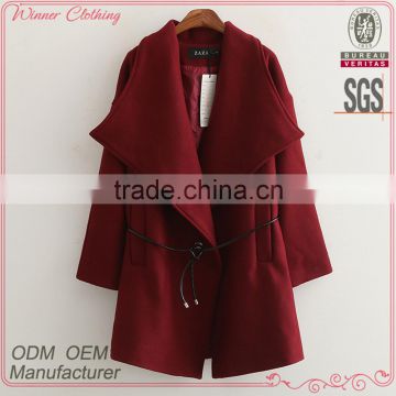 2015 newly design and superior quality big size red color Turn-down Collar korean style woolen winter coat