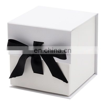 Custom white small cube shape magnetic tealight candle retail rigid gift box with ribbon