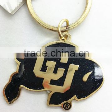 Custom brass cow metal key chain with black glitter