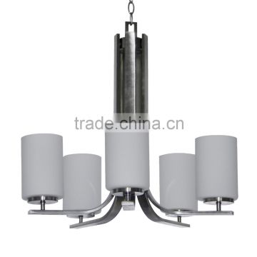 5 light chandelier(Lustre/La arana) in satin steel finish with up lit dove white glass shade CH1986-5SS