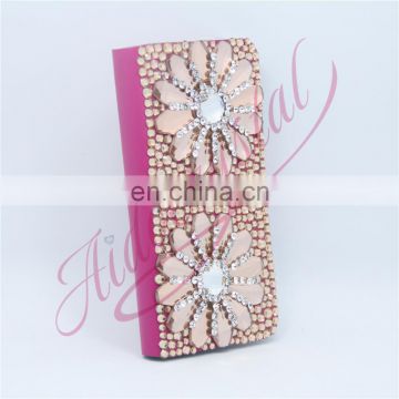 Aidocrystal Champagne double flowers rhinestones flip leather case hot selling phone case for iphone 6s
