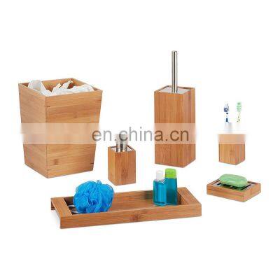 Hot-selling Six sets of bamboo bathroom garbage can Toilet Brush toothbrush rack soap box mouthwash cup with tray