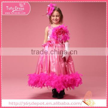 Big flower long feather dress, flower girl net dresses for 1-9 years