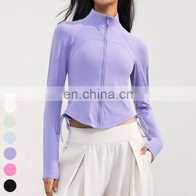 Custom Women Clothing Stand Up Collar Full Zip Drawstring Sports Tops Long Sleeve Gym Fitness Short Jackets Women Yoga Jacket