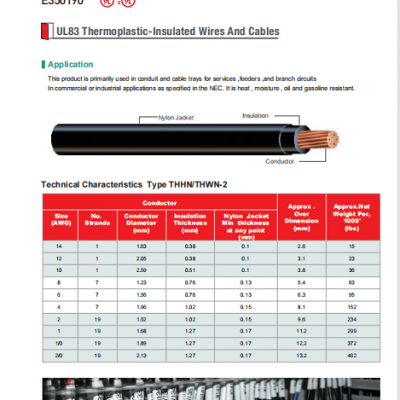 UL83 THHN THWN-2 THWN THHW Thermoplastic-Insulated Wires and Cable