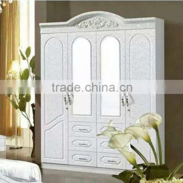 wardrobe 4 doors white color with middle double mirror pvc wardrobe with top line closet