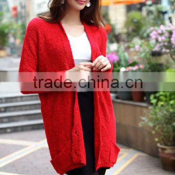 OEM ladies fashion long sleeve loose red knitting woman cardigan sweater