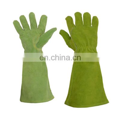HANDLANDY Cowhide long cuff green dotted cotton garden gloves leather work gloves