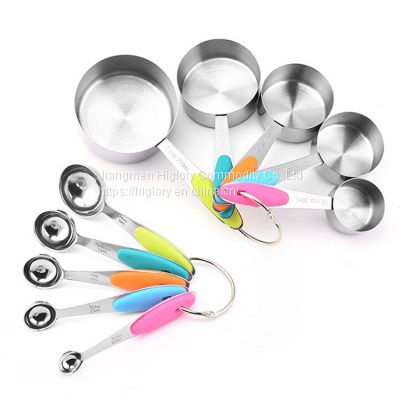Eco friendly 10pcs stainless steel silicone handle measuring cup and measuring spoon Baking tools for tea coffee kitchen