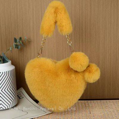 023Plush bag Heart Shape Women's handbag Fashion Fur bag Soft work phone bag Children's shoulder bag