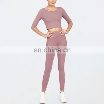 Hot selling fishnet panel half sleeve Crop top high waist legging women sport fitness and yoga wearing sets