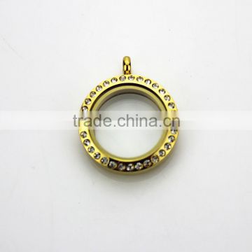 Fashion 25mm Round Gold 316L Stainless Steel Screw Glass Floating Charms Locket With Rhinestone