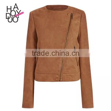 HAODUOYI Women Brown Suede Inclined Zipper Tassel Back Jacket Coat for Wholesale