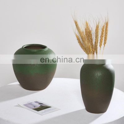 Creative Chinese Cyan Vintage Flower Vase Arrangement Wine Jar Desktop Floor Ceramic Pot Home Decoration