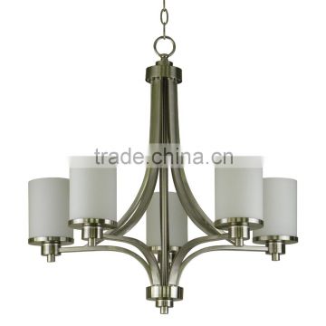 5 light chandelier(Lustre/La arana) in satin steel finish with white glass shade CH532-5SS