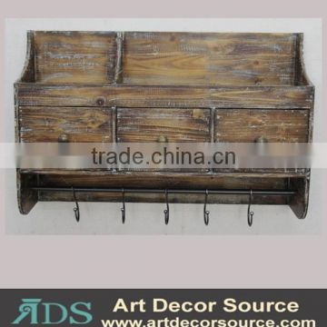 Antique wood floating wall shelf with drawers&hooks