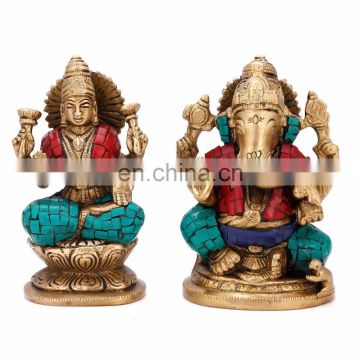 Pair of Rare Lakshmi Ganesha Ganesh Statue Turquoise Inlay Brass India Hindu Vtg Turquoise Lotus Ganesha Religious Idol Lord Art