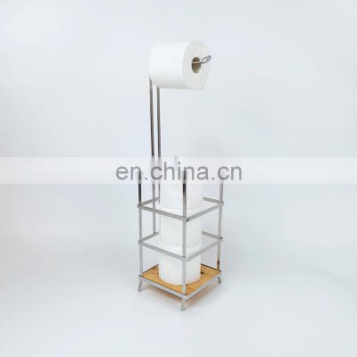Bathroom Accessories Free Standing Bamboo Steel Tissue Roll Storage Toilet Paper Holder