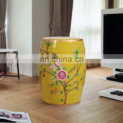Yellow Glazed Flower And Bird Design Chinese Ceramic Garden Stool Seat