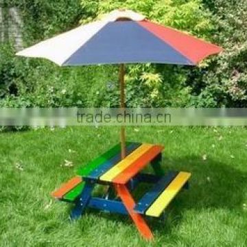colorful outdoor garden pine wood folding camping children kids picnic table with parasol umbrella