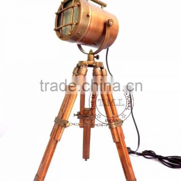 SPOTLIGHT ON WOODEN TRIPOD STAND - SPOTLIGHT WITH STAND - COPPER ANTIQUE SEARCHLIGHT WITH STAND