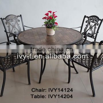 patio& lawn metal cast aluminum big round table and chairs set ceramic tabletop with parasol hole stackable floral design chairs