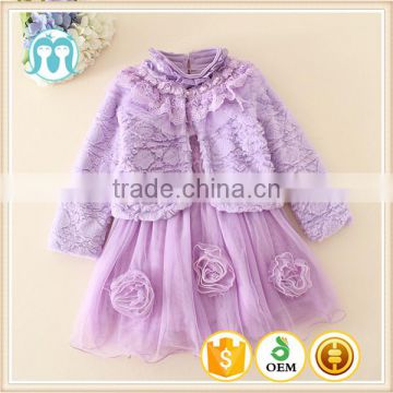 Kids clothes 2015 Long sleeve wraps+dress 2pcs set children purple elegant dress sets for parties sets wholesale in stock