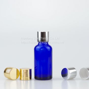 30ml Blue Glass Bottle With 18-415 Glossy Aluminium Cap For Cosmetic Oil