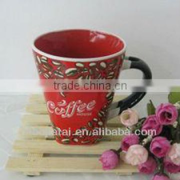 Hot Sell 13oz Red Glazed Fully Decaled Bottom Square Stoneware Coffee Mug with Spoon for Promotion