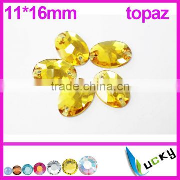 2014 New!Highest quality sew on rhinestones 11*16mm number 3063# Oval shape Topaz color Strass crystal beads for Sewing