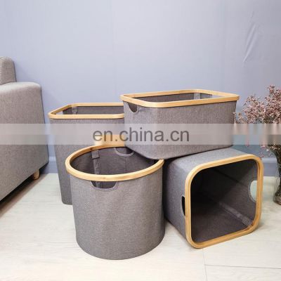 custom design kids bamboo collapsible foldable large fabric laundry bag dirty clothes basket wood hamper slim storage