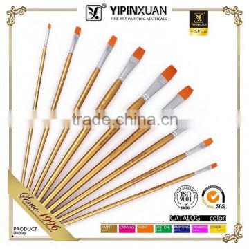 9Pcs Gold Wood Handle Flat Size Hair Bristle Paint Brush Set Manufacturers China