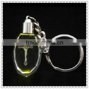 Faceted 3D Oval Crystal Keychain With Cross Engraving For Christian Gift