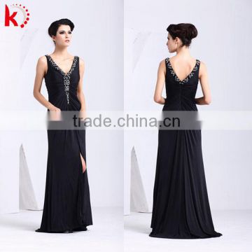 Sleeveless sexy backless v-neck beaded open leg black spandex cotton maxi evening dresses for women kt1049