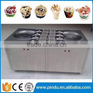 Double circle shape pan fried ice cream machine with refrigerated cabinet