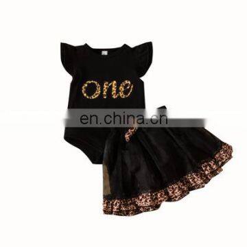 Girls' Letter Romper Mesh Leopard Print Skirt Set