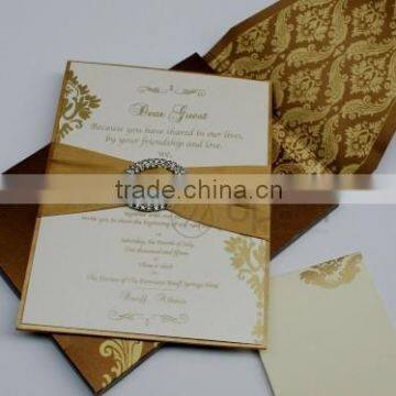 Gold Silk Wedding Invitation with rhinestone brooch and ribbon ON SALE