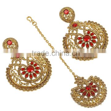 Indian Antique Gold Plated Earrings With Tikka For Girls, Women