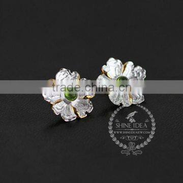 925 sterling solid silver peony flower green yellow and blue tourmaline earring stud fashion women earring DIY jewelry 6730608