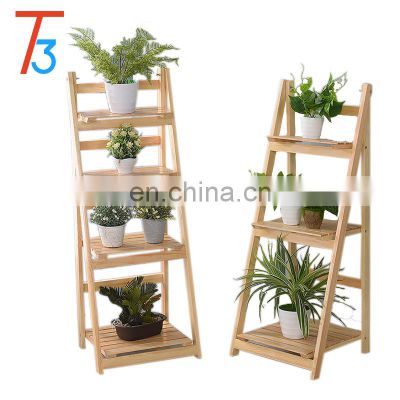 Three layers folding solid wooden flower storage stand display shelf