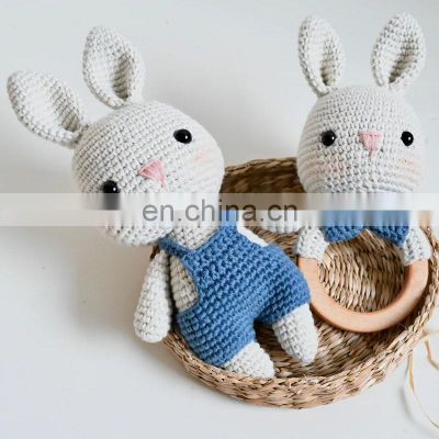 Handmade Knitted Set Amigurumi Crochet Rabbit Doll Set Baby Gift Wooden Teether Ring Kid's Toy Vietnam Supplier Cheap Wholesale
