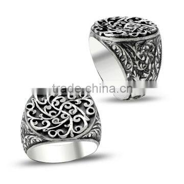 925K Sterling Silver Art Design Carved Turkish Men Round Ring Handmade