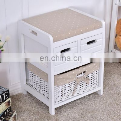 Wooden Bedside Table Wicker Nightstand Storage Drawer Unit With Rattan Basket