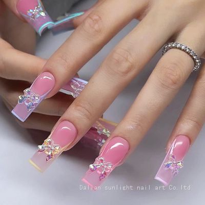 Long water pipe wearing nail art tips pink girl nail art bow patchescross-border high-end wearing nail art fake tips SUYT