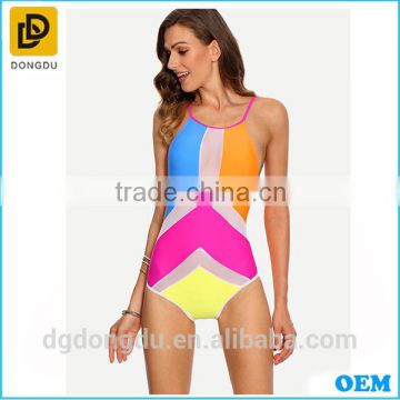 Wholesale Casual China Mesh Insert Color Block Crisscross One-Piece Swimwear