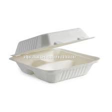 Disposable wholesale price Clamshell 3 Compartment Bagasse boxes 8 inch
